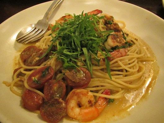 Spaghettini with Uni, Live Shrimp, Wine Tomatoes, and Rucola (Arugula)